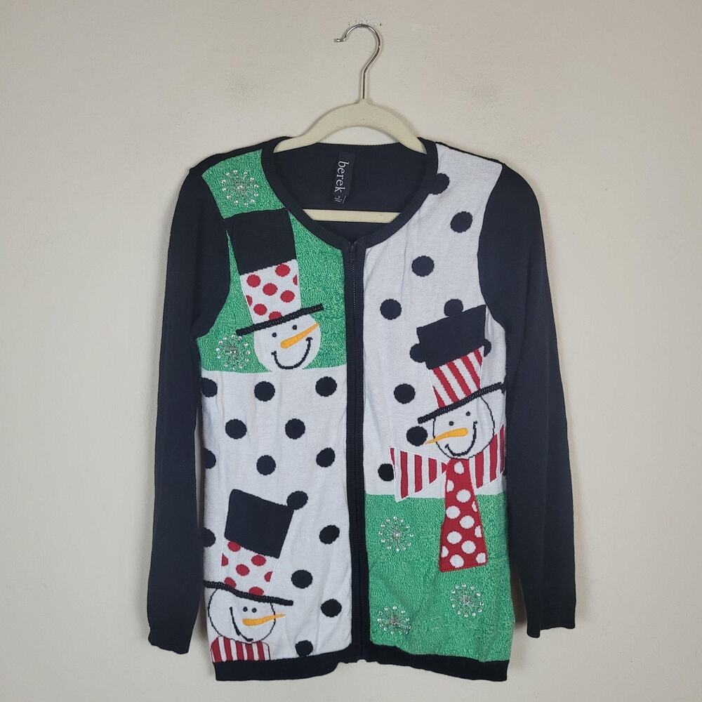 Vintage Berek Sweater Small Snowman Ugly Christmas Novelty‎ Cardigan Holiday Zip